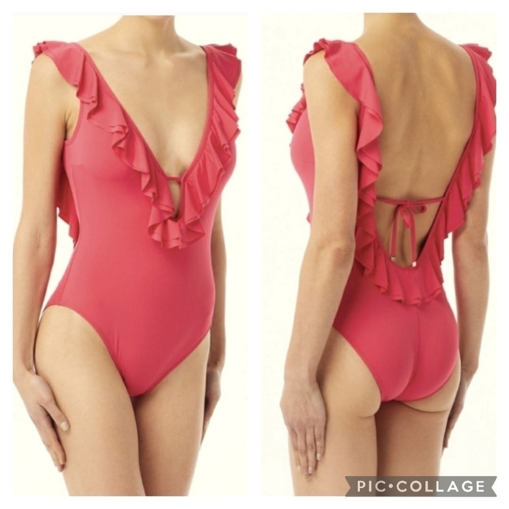 Michael Kors Coral 1 Peice Scoop Neck Back one Piece Ruffle Swimsuit Womens 14